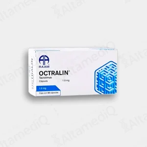 Caja de medicamento inmunosupresor de alta especialidad Octralin Tacrolimus 1 mg con 50 cápsulas Raam. Farmacia de Alta Especialidad AltamediQ.