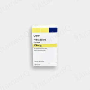 Caja de medicamento de alta especialidad Ofev Nintedanib 100 mg con 60 cápsulas Boehringer Ingelheim. Farmacia de Alta Especialidad AltamediQ.