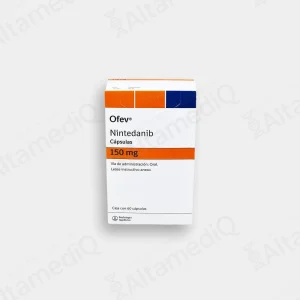 Caja de medicamento de alta especialidad Ofev Nintedanib 150 mg con 60 cápsulas Boehringer Ingelheim. Farmacia de Alta Especialidad AltamediQ.