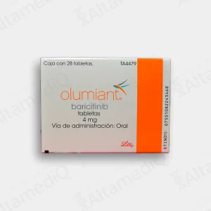 Caja de medicamento inmunológico de alta especialidad Olumiant Baricitinib 4 mg con 28 tabletas Eli Lilly. Farmacia de Alta Especialidad AltamediQ.