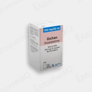 Caja de medicamento oncológico citotóxico de alta especialidad Oxitan Oxaliplatino 100 mg / 20 mL solución inyectable con un frasco ámpula Fresenius Kabi. Farmacia de Alta Especialidad AltamediQ.