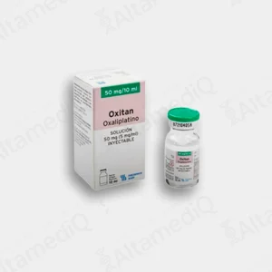 Caja de medicamento oncológico citotóxico de alta especialidad Oxitan Oxaliplatino 50 mg / 10 mL solución inyectable con un frasco ámpula Fresenius Kabi. Farmacia de Alta Especialidad AltamediQ.