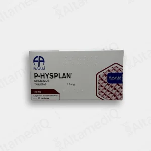 Caja de medicamento inmunosupresor de alta especialidad P-Hysplan Sirolimus 1 mg con 60 tabletas Raam. Farmacia de Alta Especialidad AltamediQ.