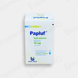 Caja de medicamento oncológico de alta especialidad Papluf Epirubicina 50 mg solución inyectable Ulsatech. Farmacia de Alta Especialidad AltamediQ.