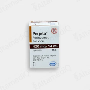 Caja de medicamento oncológico biológico de alta especialidad Perjeta Pertuzumab 420 mg / 14 mL solución inyectable Roche. Farmacia de Alta Especialidad AltamediQ.