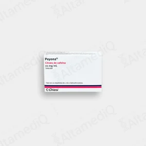 Caja de medicamento de alta especialidad Peyona Citrato de Cafeína 20 mg / mL con 10 ampolletas Chiesi. Farmacia de Alta Especialidad AltamediQ.