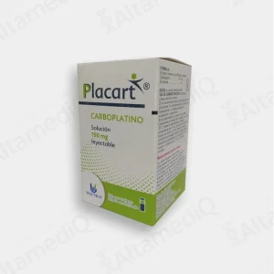 Caja de medicamento oncológico de alta especialidad PLACART Carboplatino 150 mg solución inyectable Ulsatech. Farmacia de Alta Especialidad AltamediQ.