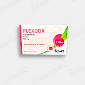 Caja de medicamento oncológico de alta especialidad Plexoda Capecitabina 500 mg con 120 tabletas Teva. Farmacia de Alta Especialidad AltamediQ.