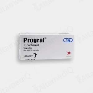 Caja de medicamento de alta especialidad Prograf Tacrolimus 1 mg con 50 cápsulas Janssen. Farmacia de Alta Especialidad AltamediQ.