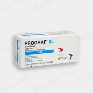 Caja de medicamento de alta especialidad Prograf XL Tacrolimus de liberación prolongada 1 mg con 50 cápsulas Janssen. Farmacia de Alta Especialidad AltamediQ.