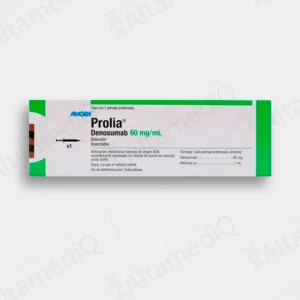 Caja de medicamento biológico de alta especialidad Prolia Denosumab 60 mg / 1 mL solución inyectable con una jeringa prellenada Amgen. Farmacia de Alta Especialidad AltamediQ.