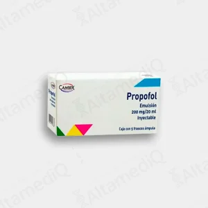 Caja de medicamento de alta especialidad Propofol Camber 200 mg / 20 mL emulsión inyectable con 5 frascos ámpula. Farmacia de Alta Especialidad AltamediQ.