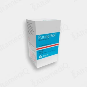 Caja y frasco de medicamento oncológico de alta especialidad Purinethol Mercatopurina 50 mg con 25 tabletas Aspen. Farmacia de Alta Especialidad AltamediQ.