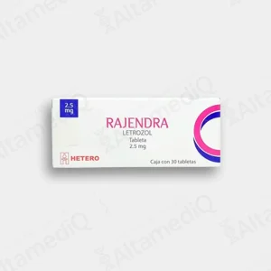 Caja de medicamento oncológico de alta especialidad Rajendra Letrozol 2.5 mg con 30 tabletas Hetero. Farmacia de Alta Especialidad AltamediQ.