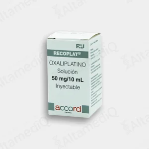Caja de medicamento oncológico de alta especialidad Recoplat Oxaliplatino 50 mg / 10 mL solución inyectable con un frasco ámpula Accord. Farmacia de Alta Especialidad AltamediQ.
