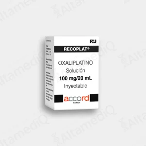 Caja de medicamento oncológico de alta especialidad Recoplat RTU Oxaliplatino 100 mg / 20 mL solución inyectable lista para usar con un frasco ámpula. Farmacia de Alta Especialidad AltamediQ.