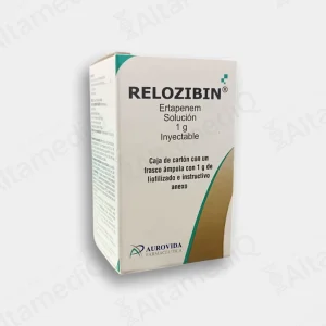 Caja de medicamento antibiótico de alta especialidad Relozibin Ertapenem 1 g solución inyectable con un frasco ámpula Aurovida. Farmacia de Alta Especialidad AltamediQ.