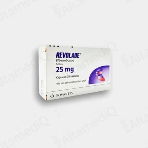 Caja de medicamento hematológico de alta especialidad Revolade Eltrombopag 25 mg con 28 tabletas Novartis. Farmacia de Alta Especialidad AltamediQ.