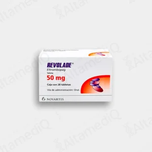 Caja de medicamento hematológico de alta especialidad Revolade Eltrombopag 50 mg con 28 tabletas Novartis. Farmacia de Alta Especialidad AltamediQ.