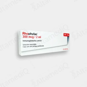 Caja de medicamento biológico de alta especialidad Rhophylac Inmunoglobulina Anti-D 300 mcg / 2 mL con jeringa prellenada CSL Behring. Farmacia de Alta Especialidad AltamediQ.