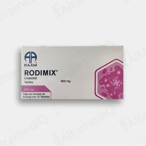 Caja de medicamento antibiótico de alta especialidad Rodimix Linezolid 600 mg con 10 tabletas Raam. Farmacia de Alta Especialidad AltamediQ.