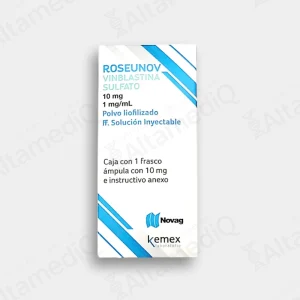 Caja de medicamento oncológico de alta especialidad Roseunov Sulfato de Vinblastina 10 mg solución inyectable con un frasco ámpula Novag. Farmacia de Alta Especialidad AltamediQ.