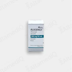 Caja de medicamento biológico de alta especialidad Ruxience Rituximab 100 mg / 10 mL solución inyectable Pfizer. Farmacia de Alta Especialidad AltamediQ.