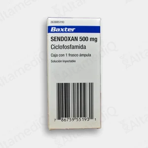 Caja de medicamento oncológico Sendoxan Ciclofosfamida 500 mg solución inyectable. Farmacia de Alta Especialidad AltamediQ.