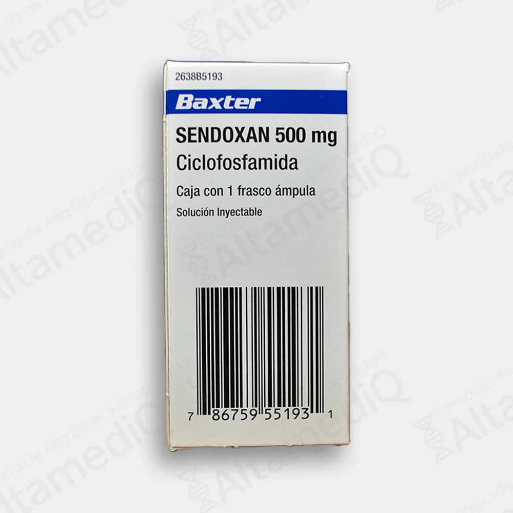 Caja de medicamento oncológico Sendoxan Ciclofosfamida 500 mg solución inyectable. Farmacia de Alta Especialidad AltamediQ.
