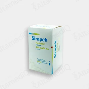 Caja de medicamento oncológico de alta especialidad Sirapeh Paclitaxel 300 mg / 50 mL solución inyectable con equipo para bomba de infusión Ulsatech. Farmacia de Alta Especialidad AltamediQ.