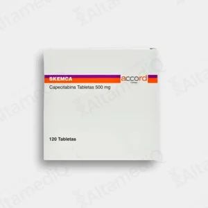 Caja de medicamento oncológico de alta especialidad Skemca Capecitabina 500 mg con 120 tabletas Accord. Farmacia de Alta Especialidad AltamediQ.