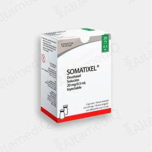 Caja de medicamento oncológico de alta especialidad Somatixel Docetaxel 20 mg / 0.5 mL solución inyectable Teva. Farmacia de Alta Especialidad AltamediQ.