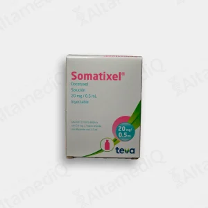 Caja de medicamento oncológico de alta especialidad Somatixel Docetaxel 80 mg / 2.0 mL solución inyectable Teva. Farmacia de Alta Especialidad AltamediQ.