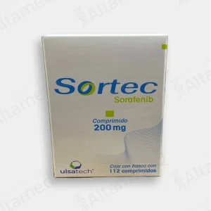 Caja de medicamento oncológico de alta especialidad Sortec Sorafenib 200 mg con 112 comprimidos Ulsatech. Farmacia de Alta Especialidad AltamediQ.