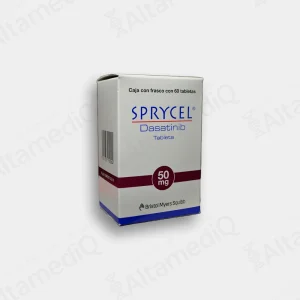 Caja y frasco de medicamento oncológico de alta especialidad Sprycel Dasatinib 50 mg con 60 tabletas Bristol-Myers Squibb. Farmacia de Alta Especialidad AltamediQ.