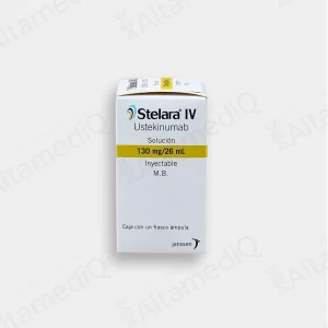Caja de medicamento biológico de alta especialidad Stelara IV Ustekinumab 130 mg / 26 mL solución para infusión intravenosa Janssen. Farmacia de Alta Especialidad AltamediQ.