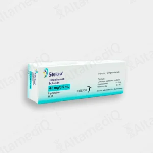Caja de medicamento biológico de alta especialidad Stelara Ustekinumab 45 mg / 0.5 mL solución inyectable con una jeringa prellenada Janssen. Farmacia de Alta Especialidad AltamediQ.