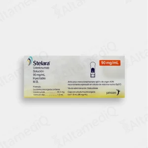 Caja de medicamento biológico de alta especialidad Stelara Ustekinumab 90 mg / 1 mL solución inyectable con una jeringa prellenada Janssen. Farmacia de Alta Especialidad AltamediQ.