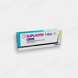 Caja de solución estéril para viscosuplementación articular Suplasyn 1-Shot Hialuronato de Sodio 60 mg / 6 mL con una jeringa prellenada Mylan. Farmacia de Alta Especialidad AltamediQ.