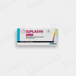 Caja de solución estéril para viscosuplementación articular Suplasyn Hialuronato de Sodio 20 mg / 2 mL con una jeringa prellenada Mylan. Farmacia de Alta Especialidad AltamediQ.