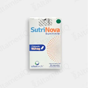 Caja y frasco de medicamento oncológico de alta especialidad Sutrinova Sunitinib 12.5 mg con 28 cápsulas Ulsatech. Farmacia de Alta Especialidad AltamediQ.