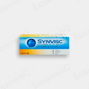 Caja de medicamento de alta especialidad Synvisc Hilano G-F 20 de 2 mL jeringa prellenada. Farmacia de Alta Especialidad AltamediQ.