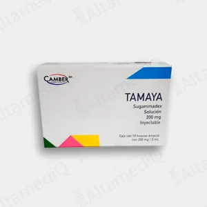 Caja de medicamento de alta especialidad Tamaya Sugammadex 200 mg / 2 mL solución inyectable con 10 frascos ámpula Camber. Farmacia de Alta Especialidad AltamediQ.