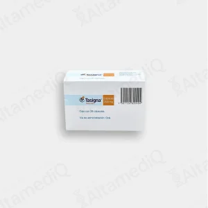 Caja de medicamento oncológico de alta especialidad Tasigna Nilotinib 200 mg con 28 cápsulas Novartis. Farmacia de Alta Especialidad AltamediQ.