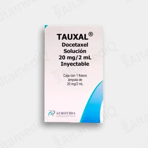 Caja de medicamento oncológico de alta especialidad Tauxal Docetaxel 20 mg / 2 mL solución inyectable con un frasco ámpula Aurovida. Farmacia de Alta Especialidad AltamediQ.