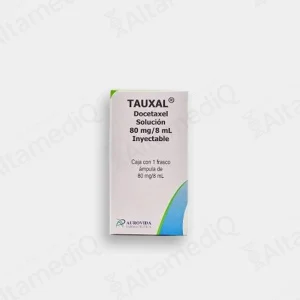 Caja de medicamento oncológico de alta especialidad Tauxal Docetaxel 80 mg / 8 mL solución inyectable con un frasco ámpula Aurovida. Farmacia de Alta Especialidad AltamediQ.