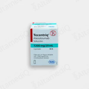 Caja de medicamento oncológico biológico de alta especialidad Tecentriq Atezolizumab 1200 mg / 20 mL solución inyectable Roche. Farmacia de Alta Especialidad AltamediQ.