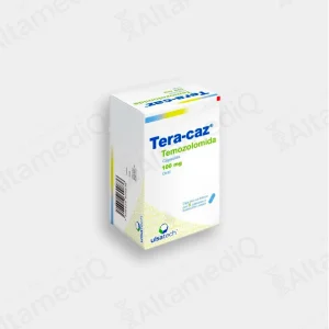 Caja y frasco de medicamento oncológico de alta especialidad Tera - Caz Temozolamida 100 mg con 5 cápsulas Ulsatech. Farmacia de Alta Especialidad AltamediQ.
