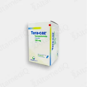 Caja de medicamento oncológico de alta especialidad Tera - Caz Temozolomida 100 mg con 20 cápsulas Ulsatech. Farmacia de Alta Especialidad AltamediQ.