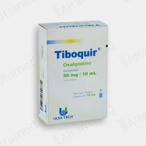 Caja de medicamento oncológico de alta especialidad Tiboquir Oxaliplatino 50 mg / 10 mL solución inyectable Ulsatech. Farmacia de Alta Especialidad AltamediQ.